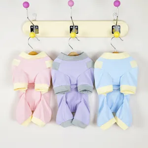 Three colors of breathable ice silk mesh pet jumpsuits for cats and dogs in soft pastel tones