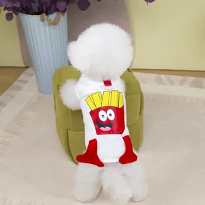 Detailed view of white pet vest featuring cartoon fries print and a metal D-ring leash attachment