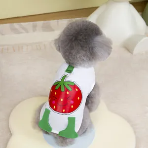 Close-up of pet vest featuring strawberry print and integrated D-ring leash attachment