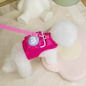 Détail du harnais pour chien rose à carreaux avec pochette zippée et laisse assortie