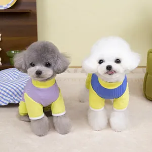 Knitted ribbed cotton pet pajamas in purple and blue contrast colors for cats and dogs