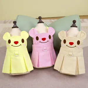 Cute Cartoon Bear Embroidered Pet Dress With D-Ring Harness Attachment Pleated Skirt For Small Dogs And Cats Jewelry