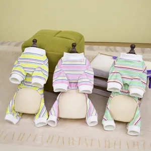Colorful striped pet jumpsuits for cats and small dogs in three vibrant color options