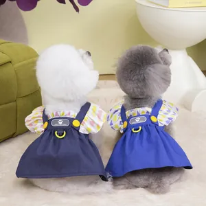 Conjunto de vestido vaquero para mascotas con flores de corazones y anillo D para correa