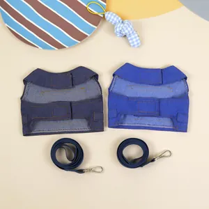 Hunde-Geschirr-Weste aus Denim mit Leine in Dunkelindigo und Blau, zweiteiliges Set