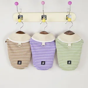 Striped Pet T-Shirt Soft Breathable Polyester Apparel With Leash D-Ring Lapel Collar For Small Dogs Cats Puppy Clothes