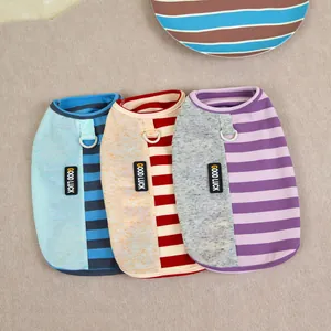Pet Dog Cat Ribbed Knit Striped Vest Color Block Soft Pet Tank Top With Leash D-Ring Good Luck Patch Casual Puppy Kitten Clothes