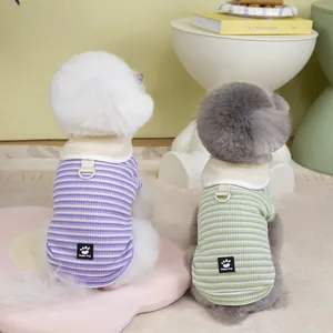 Striped pet t-shirt with traction D-ring for small dogs in purple and green colors