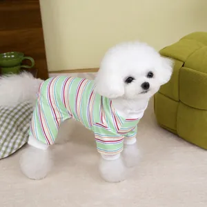 Detail of colorful striped pet onesie pajamas for small dogs in soft cotton fabric
