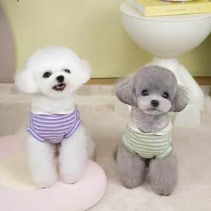 Striped pet T-shirt with collar for dogs and cats in purple and green striped knit fabric