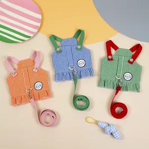 Striped Pet Harness And Leash Cotton Denim Vest Style Breathable Harness With Ruffle Edge For Small Dogs Cats Puppy Kitty