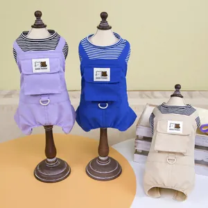 Mono de Cuatro Patas para Perro y Gato Camisa de Rayas Atuendo Con Bolsillo Anillo en D Mezcla de Algodón Ropa Casual