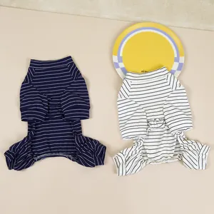 Striped pet pajamas in navy and white soft knit fabric for cats and small dogs