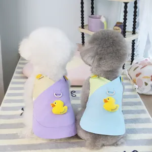 Pet denim dress with colorful patchwork, cute plush duck ornament, and metal D-ring for leash