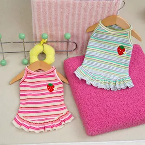 Cute Strawberry Embroidered Pet Dress Striped Ruffled Hem Cotton Small Dog Cat Summer Vest Apparel Puppy Kitties Princess Clothing