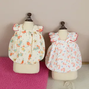 Sweet Pet Dog Cat Dress Flutter Sleeve Double Layer Cotton Gauze Floral Fruit Print Summer Puppy Princess Skirt Apparel
