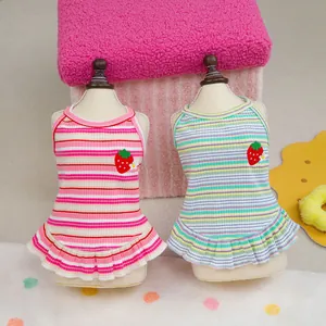 Cute pet striped strap dress with strawberry embroidery in pink and green colors