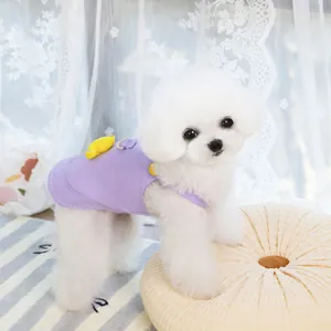 Detail of lavender pet dress featuring a cute yellow duck ornament and metal leash ring
