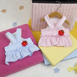 Sweet Stripe Pet Dress Harness Cotton Strawberry Embroidery Lace Ruffle Puppy Cat Clothing For Small Dogs Cats Outing Apparel