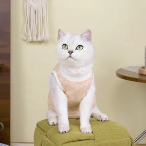 Breathable sleeveless pet vest in apricot orange for cats sitting on a woven stool