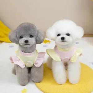 Sweet knit pet vests with ruffled sleeves and bow ties for small dogs and cats
