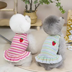 Striped pet strap dress with strawberry embroidery for small dogs and cats