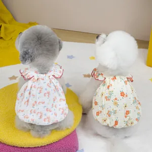 Dog summer dresses with red cherry and orange floral prints in light cotton fabric