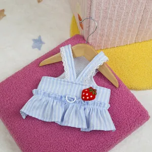 Blue and white striped pet dress with strawberry patch and lace trim details