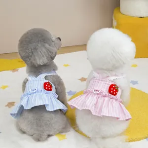 Pink and blue striped pet harness dresses with strawberry patches and lace straps
