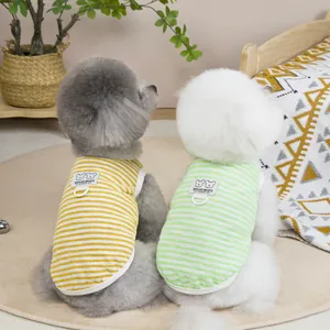 Striped pet vest set in yellow and green with metal D-ring and bear patch for small dogs