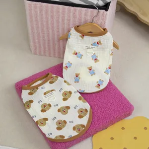 Breathable cotton gauze pet vest with bear pattern and D-ring for small cats and dogs