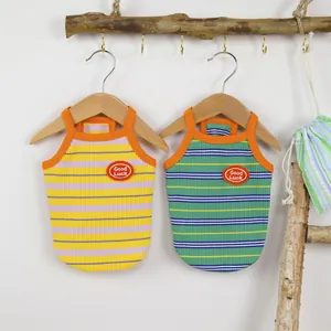 Casual Striped Pet Vest Cotton Blend Dog Clothes Good Luck Patch Small Dogs Cats Breathable Tank Top Yellow Green