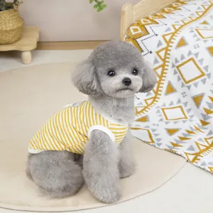 Close-up of yellow striped pet vest on a grey poodle in a cozy home setting