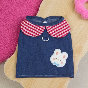 Gilet Pettorina per Animali in Denim Con Colletto Peter Pan a Quadri Ricamo Coniglio Cartone Animato Anello a D Pettorina per Cani Piccoli Gatti