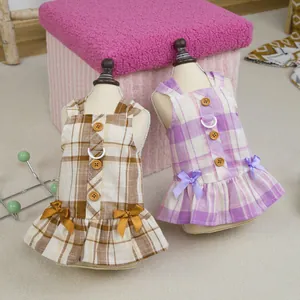 Vestido a Cuadros Gingham para Mascotas con Decoración de Lazo Falda de Princesa de Algodón para Cachorros y Gatos con Anillo en D