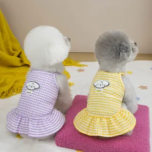 Plaid Haustier-Sommerkleid mit Stickerei und D-Ring für Katzen und Hunde in Lila/Gelb