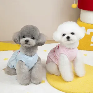 Pink and blue pet summer dresses with happy embroidery on striped ruffled cotton vests