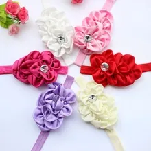 Detailed set of 6 baby elastic headbands featuring colorful 3D chiffon roses and diamonds