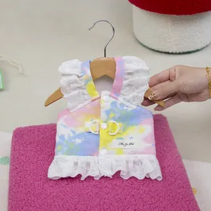 Pink and blue tie-dye pet vest with white lace trim and D-ring for small dogs and cats