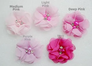Detail of five-color chiffon flower hair clips featuring central pearl and rhinestone accents