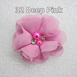 Detailed dark pink chiffon fabric flower with pearls and crystal rhinestones center