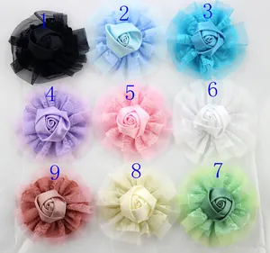 Detail showing 9 colors of double-layered lace ribbon rose hair accessories for DIY