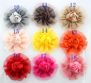 Detailed grid of double-layered lace hair flowers with ribbon roses in nine different colors