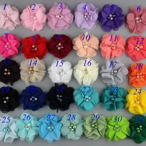 Handmade Chiffon Flower With Faux Artificial Pearl Rhinestone Center For DIY Hair Accessories Garment Decor Multilayer Fabric Flower