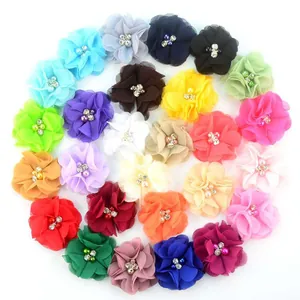 Premium multi-color chiffon fabric flowers with pearl and rhinestone centers for hair accessories