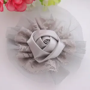 Handmade grey double lace and satin ribbon rose flower hair accessory for baby headbands