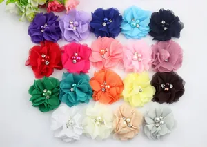 Premium multi-layer chiffon flowers with pearl and rhinestone centers in 19 vibrant colors