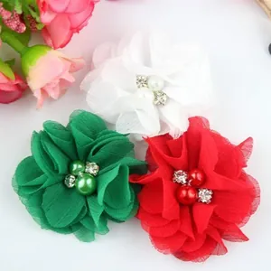 Handmade chiffon flowers with pearls and rhinestones in white, green, and red colors