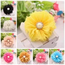 Detail showing artificial fabric butterfly flowers with pearls and rhinestones in 8 colors