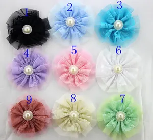 Grid view showcasing nine colors of double-layered lace flowers with pearl centers